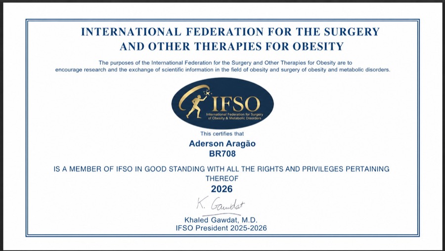 IFSO membership certificate — Aderson Aragão, member BR708, 2026, signed by the IFSO President