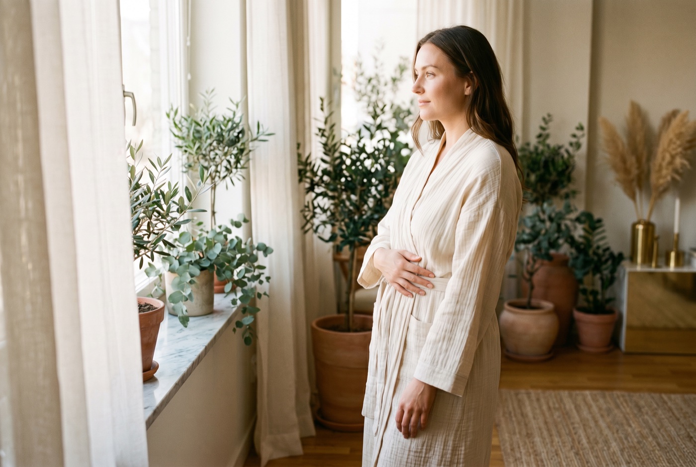 A woman standing calmly by a sunlit window