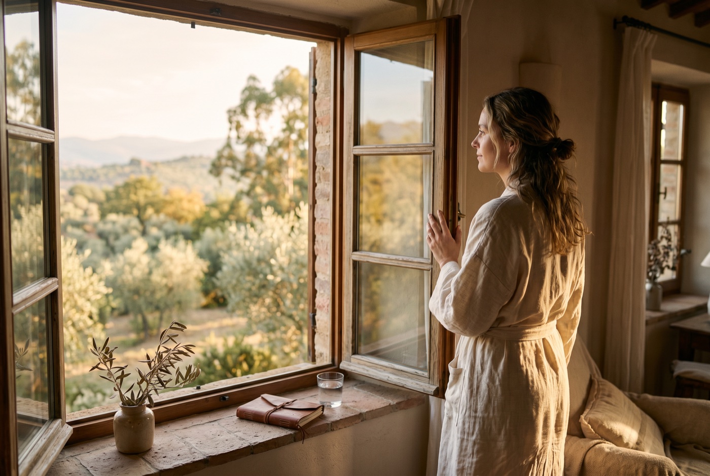 A woman at a sunlit window looking toward the morning