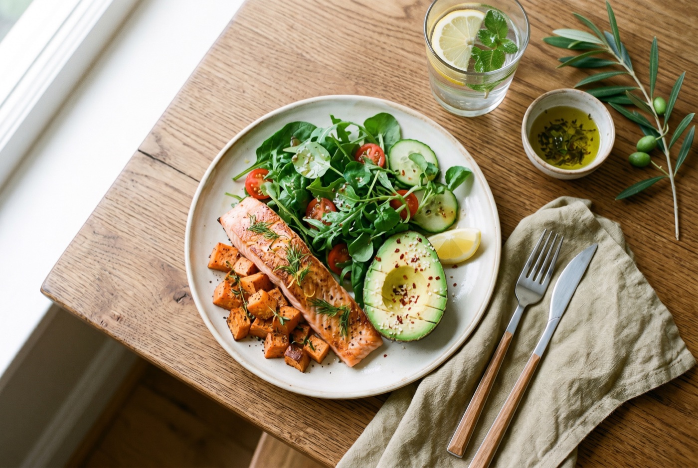 A balanced, protein-forward plate in soft daylight