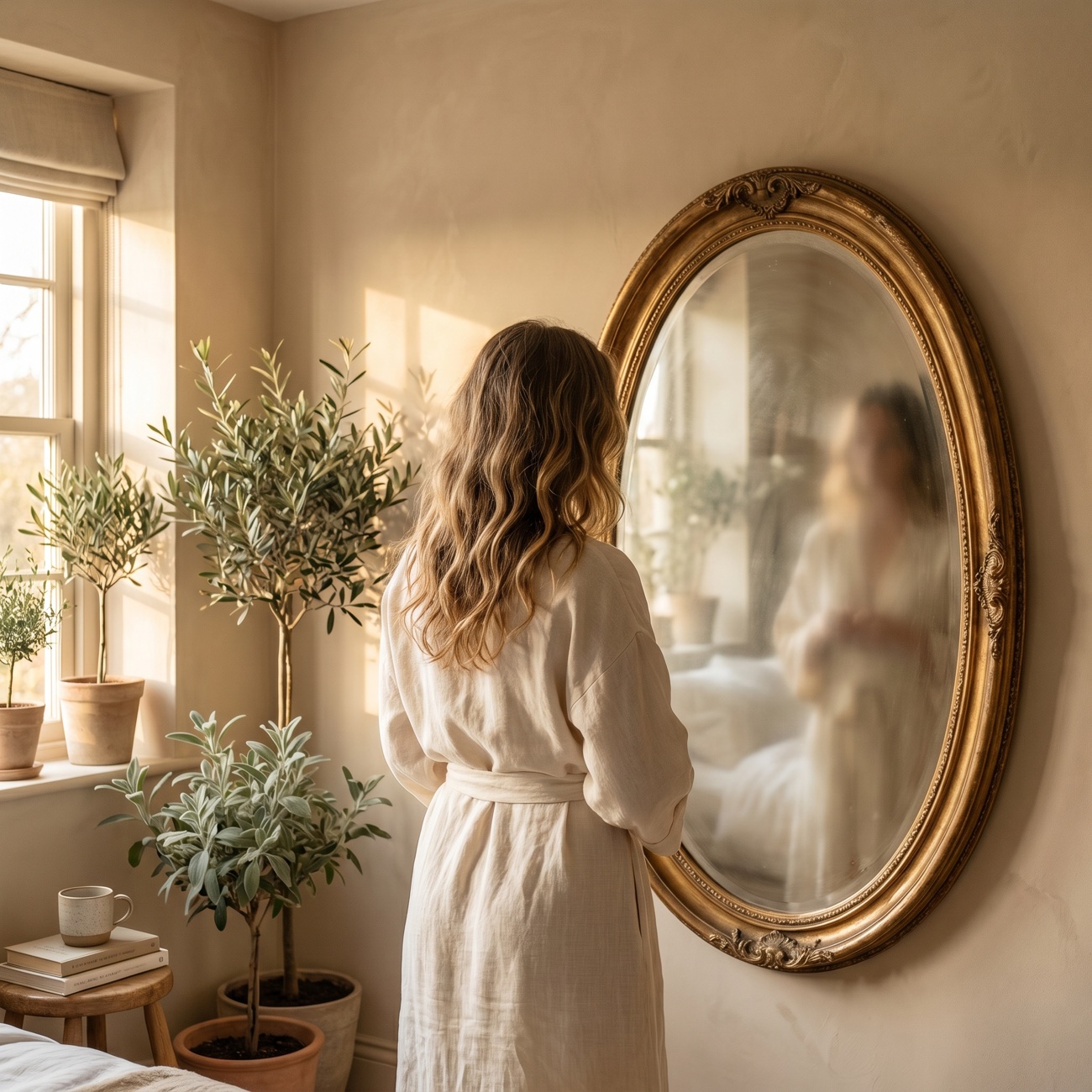 A woman before a mirror