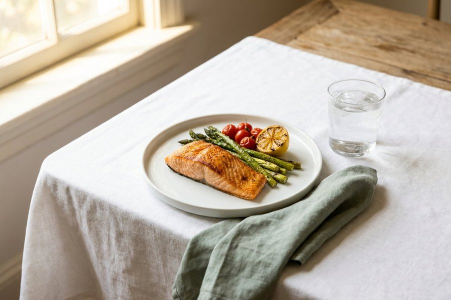 A Plate Rescue Card: a simple plate of salmon and greens on a linen table